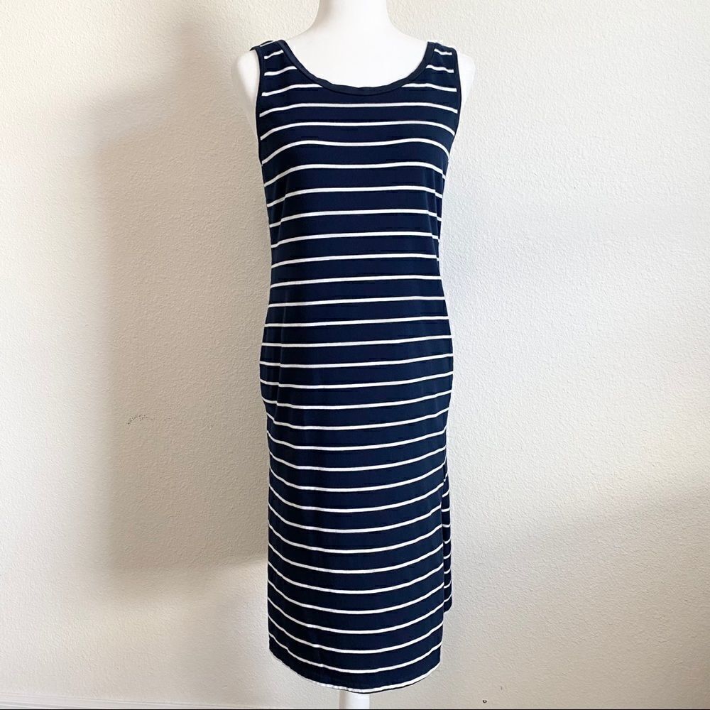 Lulu's Navy Blue Stripe Sleeveless Midi Summer Dress Women's XS Side Slits